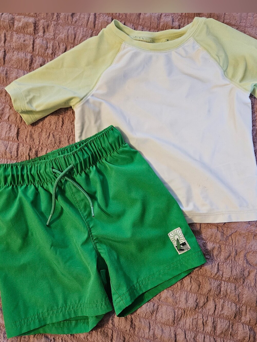 Old Navy Green Swim Trunks with Light Green-White Rash Guard